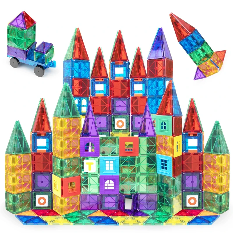 Playmags 150 Pcs Magnetic Tiles Set for Kids - Colorful Stronger Magnets - 3D Magnetic Building Blocks - STEM Creative Construction Toys - Magnet Tiles For Kids