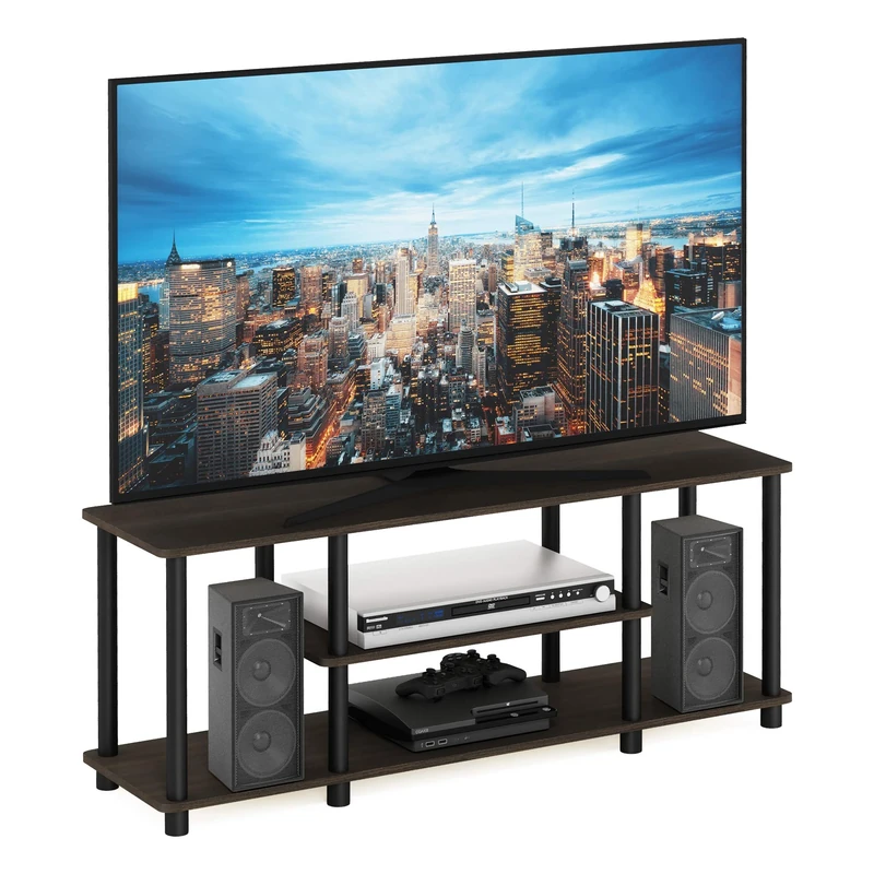 Furinno TURN-N-TUBE TV Stand, 3-Tier Entertainment Center with Open Shelves, TV Console for TV up to 50 Inch, for Living Room, Bedroom, Dark Brown