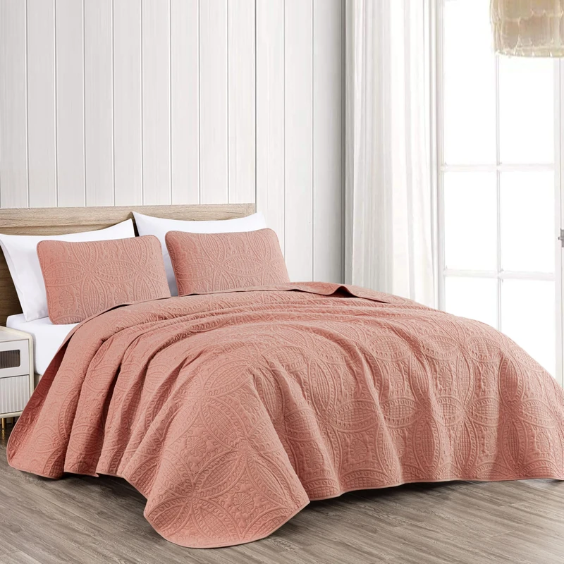 Chezmoi Collection Austin 3-Piece Oversized Bedspread Coverlet Set (King, Salmon), Polyester