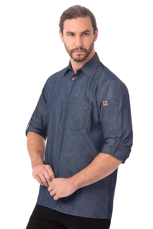 Chef Works Men's Detroit Long Sleeve Denim Shirt, Indigo Blue, XXL - Image 1