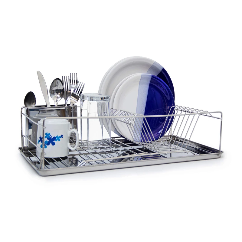 Relaxdays Metal Dish Rack Draining Rack with Drip Tray and Cutlery/Silverware Basket, 33 x 48 x 12 cm, Silver