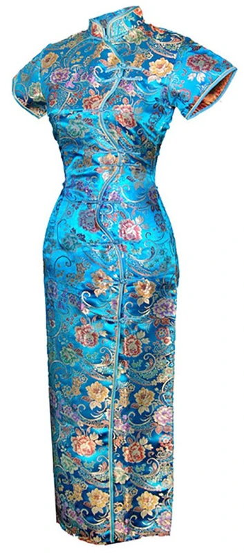 7Fairy Women's Turquoise VTG Chinese Dress Cheongsam Long Ten Buttons Size UK 8 - Image 1