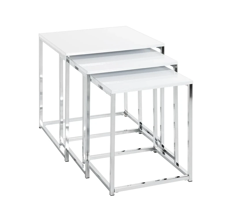 HAKU Möbel Set of 3 End Tables Chrome, White, Mdf, Metal - Size: W 29/34/39 cm X H 36/39/42 cm X D 29/34/39 cm, Style: Modern