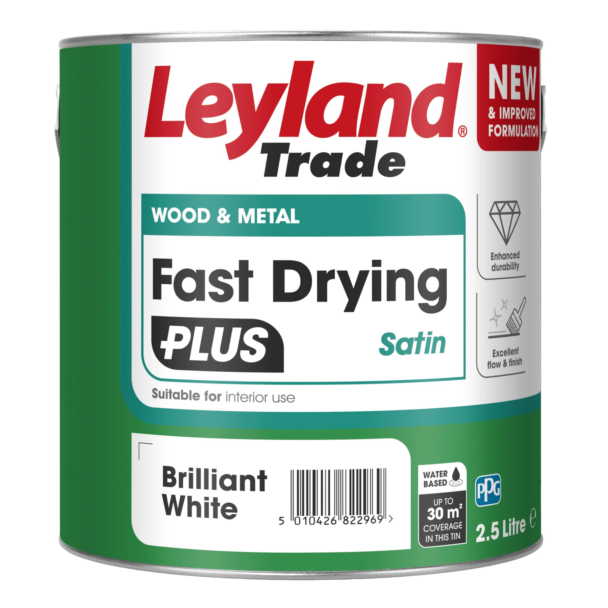 Leyland Trade – Wood & Metal - Fast Drying Plus - Satin - Brilliant White - Enhanced Durability – Excellent Flow & Professional Finish - 2.5L