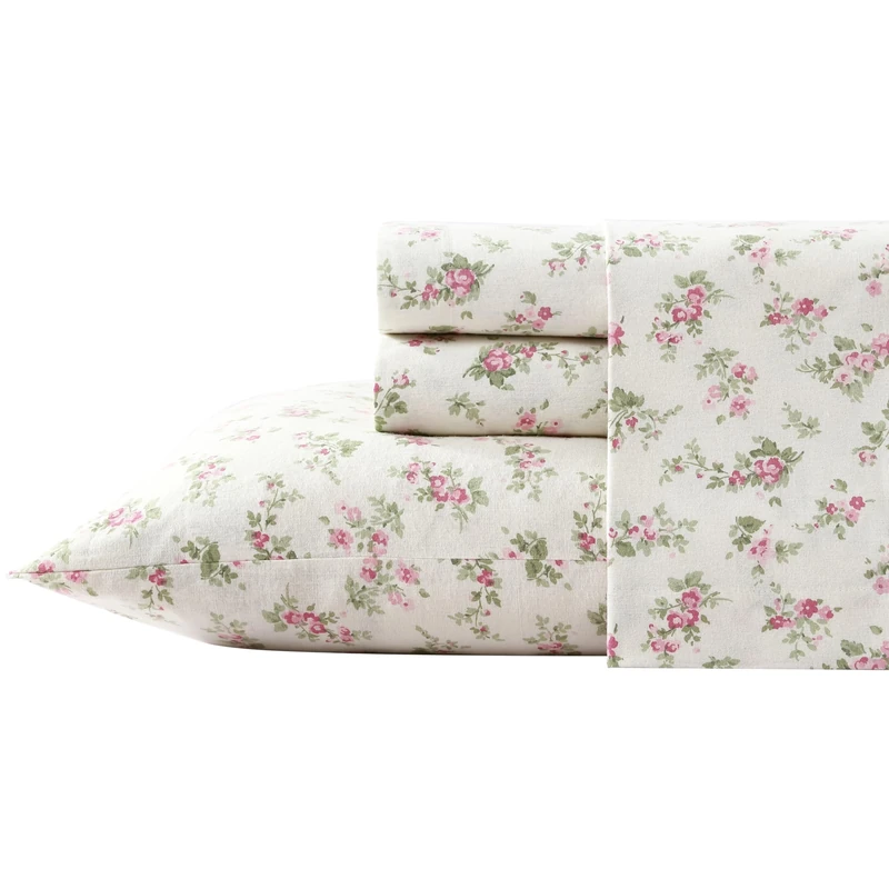 Laura Ashley Cotton Flannel Bedding Set, Audrey Pink/Cream, Queen
