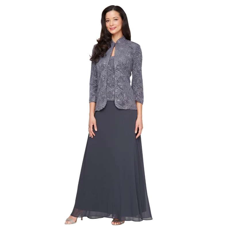Alex Evenings Women's Mandarin Neck Jacket Dress - Smoke 12 UK