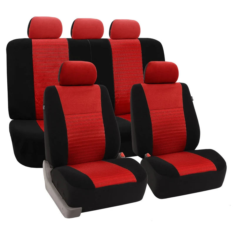 FH GROUP FH-FB051115 Multifunctional Flat Cloth Full Set Seat Covers Airbag Compatible And Split Bench Red/Black