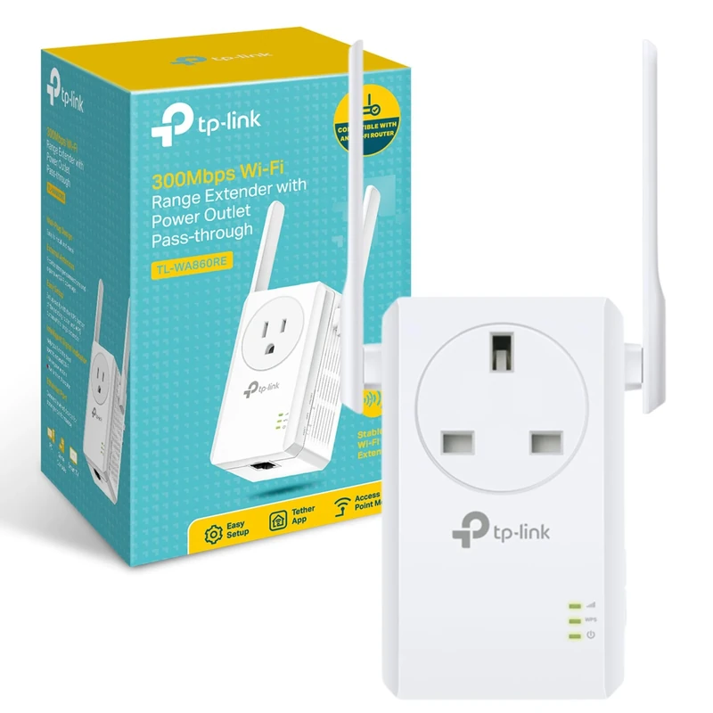 TP-Link TL-WA860RE WiFi Extender Booster with Passthrough Socket, Ethernet Port N300Mbps, Internet Booster, WiFi Repeater,WiFi Extender,App Control, WiFi Booster Range Extender, Plug and Play,UK Plug