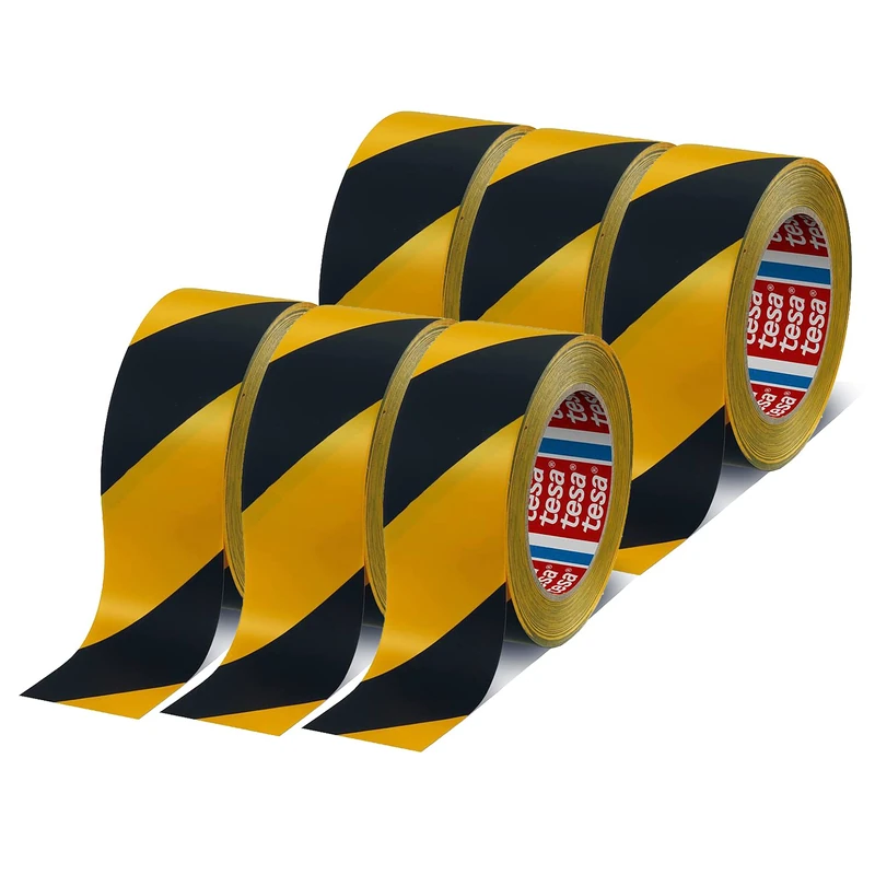 tesa 60760 Temporary Floor Marking Tape - 6 Rolls-Black/Yellow 33 m x 50 mm