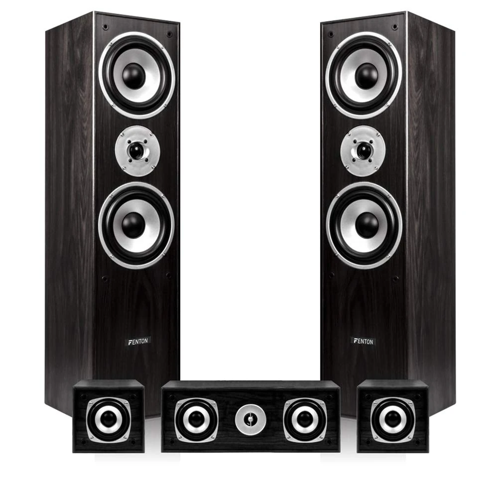 Fenton 5.0 Black Surround Sound Speakers Set - 1150W Home Cinema Speakers, Surround Sound for TV, Hi-Fi Home Cinema Audio System - Black Wooden Tower Satellites - Hi-Fi Speaker Set