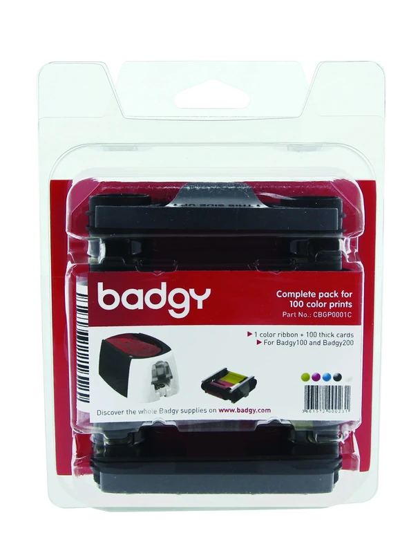 Badgy consumable Pack CBGP0001C for 100 Prints: 100 Blank Cards & 1 Color Printing Ribbon for 100 Prints