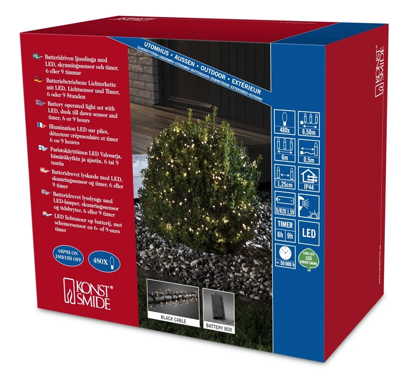 Konstsmide 3736-100 Micro LED Cluster Fairy Lights for Outdoor Use (IP44) Battery Operated 4xD 1.5 V (Exclusive) with Light Sensor, 6h and 9h Timer / 480Warm White Diodes/Black Cable