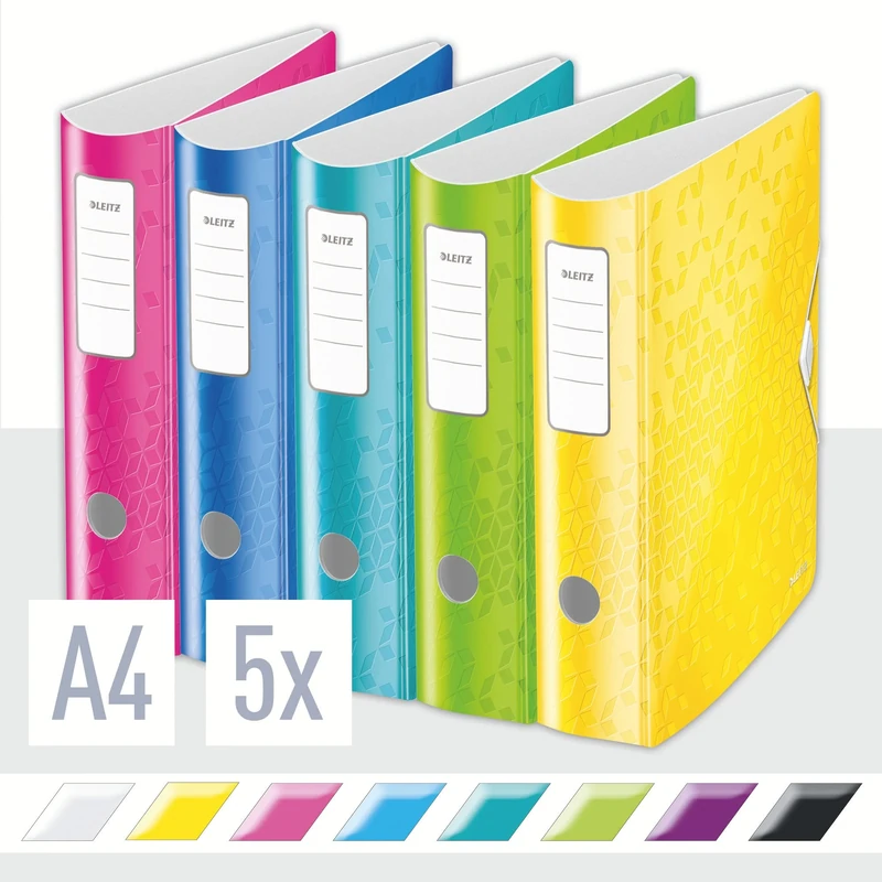 Leitz Lever Arch File, A4, Assorted, Curved spine 75mm width, Elastic fastening, Light polyfoam, Pack 5, WOW Range, 11060099