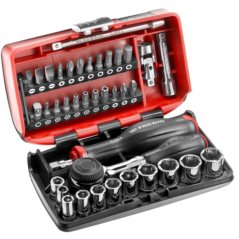 FACOM NANO 38 Piece 6-Point 1/4 Inch Metric Compact Complete Screwing and Tightening Set with R.360NANOPB Quick Action 360 Rotary Handle Ratchet, Red, 6 Point Metric