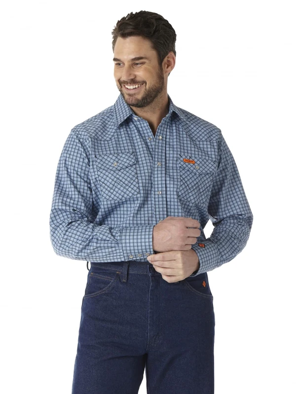 Wrangler Men's Big & Tall Flame Resistant Western Two Pocket Snap Shirt, Blue Plaid, 3XT