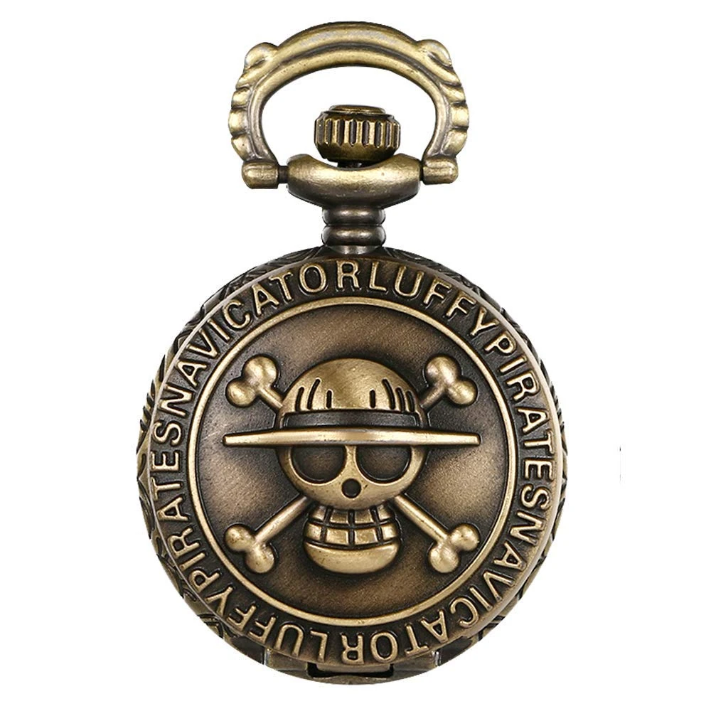 JewelryWe Halloween Skull Antique Bronze Anime One Piece Design Quartz Pocket Watch Pendant with 31.5 Inch Chain