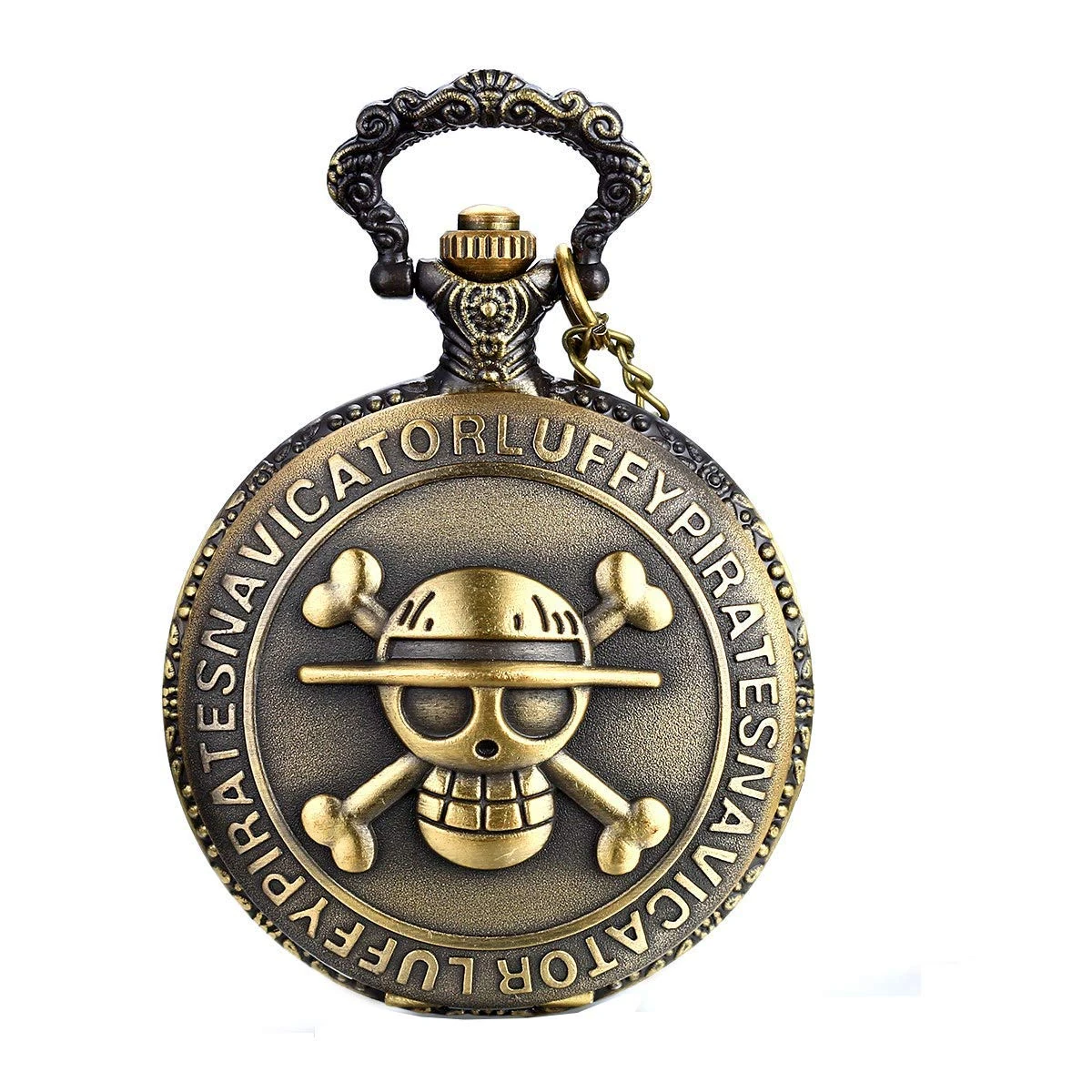 JewelryWe Antique Bronze Anime Halloween Skull One Piece Style Quartz Pocket Watch Necklace with 31.5 Inch Chain with Gift Bag