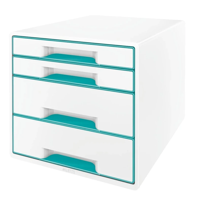 Leitz 4 A4 Drawer Cabinet, Organiser with Marker Pen and Transparent Tray, Wow Range, White/Metallic Ice Blue