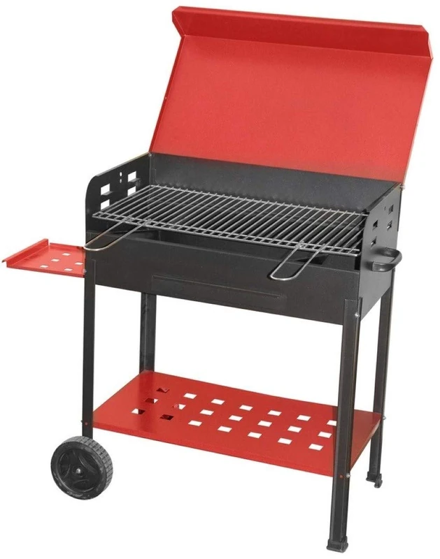 Charcoal Barbecue 'Vanessa' in Painted Iron. with Side Shelf, Lower Shelf and Wheels. Stainless Steel Grid with Handles Front and Lid.