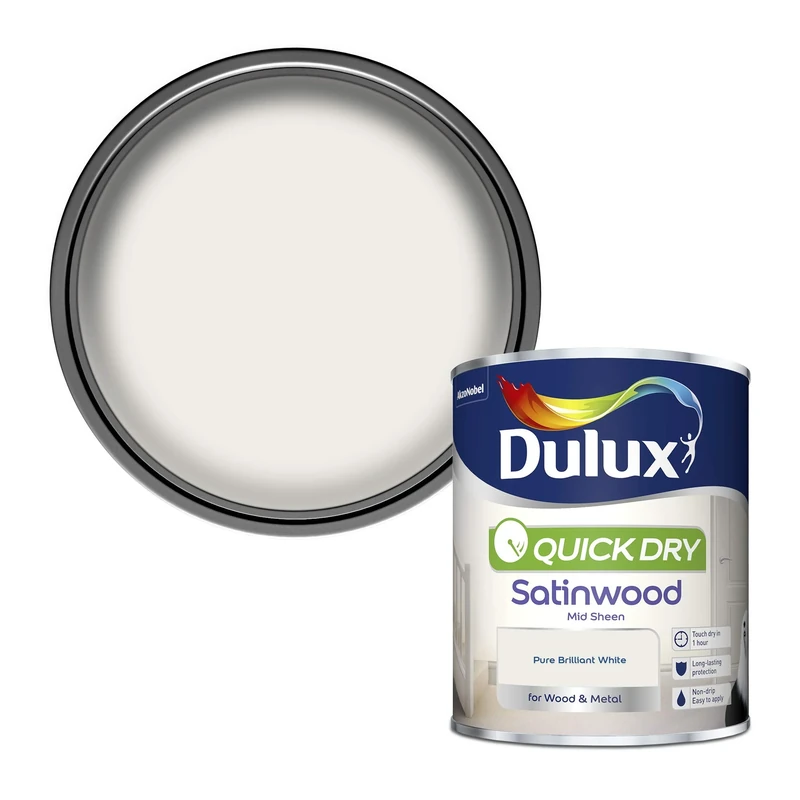 Dulux Quick Dry Satinwood Paint For Wood And Metal, Pure Brilliant White, 750 ml