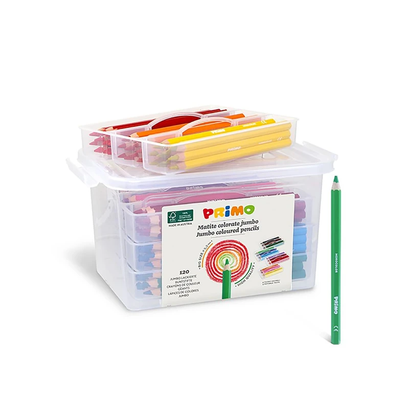 PRIMO Morocolor, Jumbo colored pencils, 120 triangular colored crayons, ergonomic shape, case with compartments, 12 colors, colored pencils for children Ø 5.5 mm diameter, Made in Italy