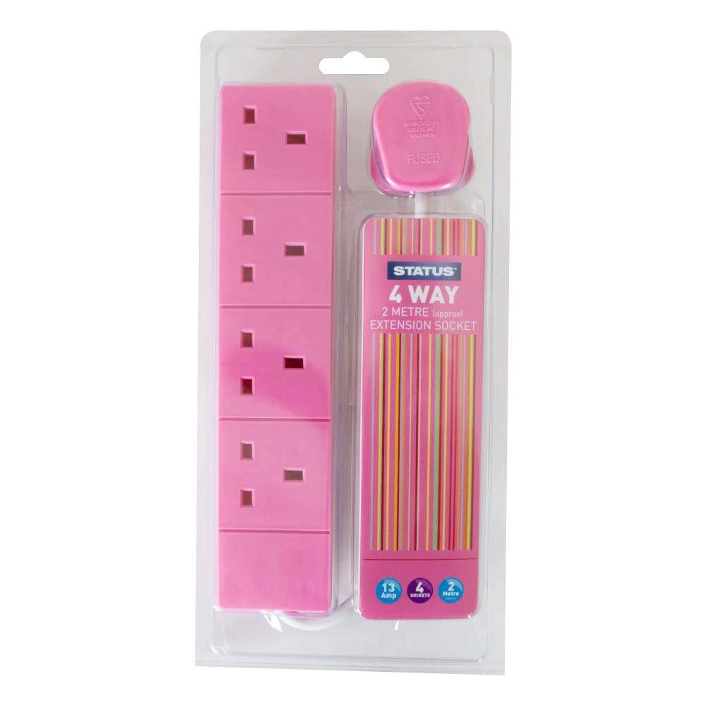 Status AA 2 m 4-Way Cable Extension Socket - Pink (Pack of 1)