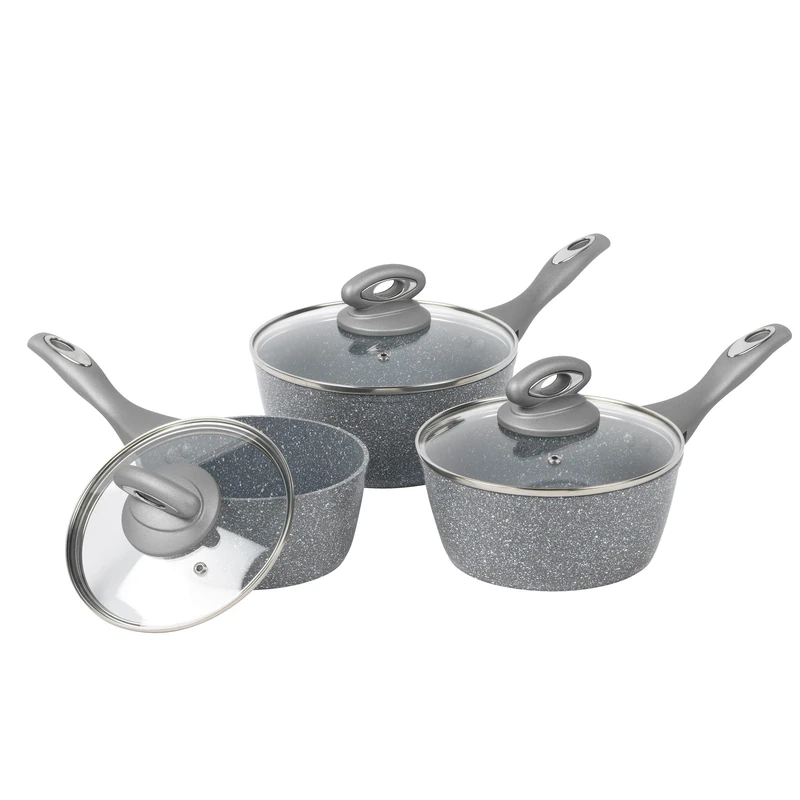 Salter BW02986GEU7 Marblestone 3 Piece Saucepan Set – 16cm, 18cm, 20cm Pans, Non-Stick, Tempered Glass Lids, PFOA-Free, Corrosion Resistant Forged Aluminium, Suitable for All Hobs, Dishwasher Safe