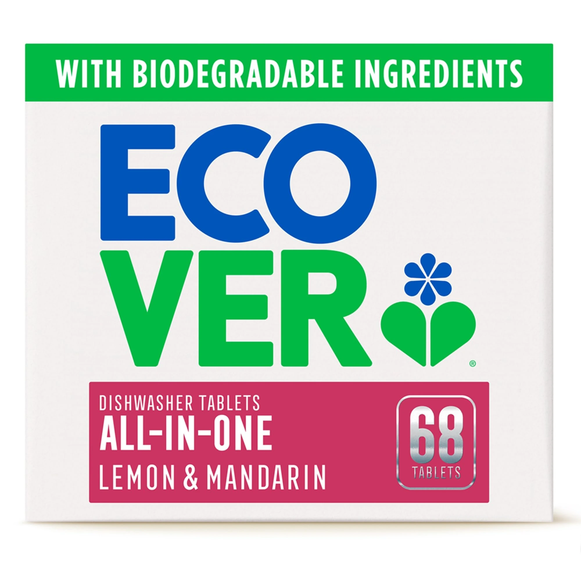 Ecover All in One Dishwasher Tablets, Contains Salt & Rinse Aid, Powerful Cleaning, Fresh Lemon & Mandarin Scent, Pack of 1, 68 Tablets
