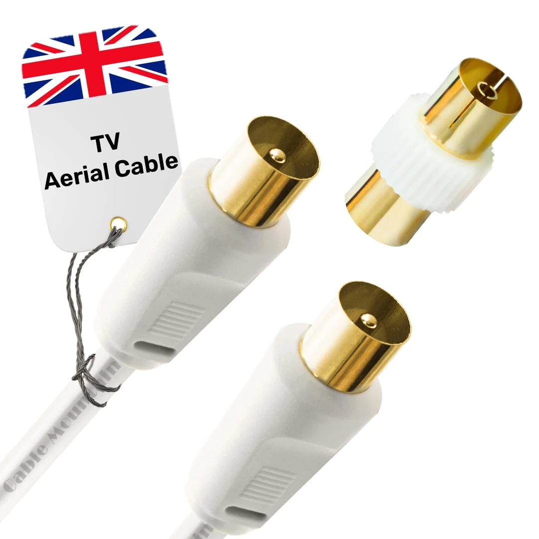 Coaxial TV Aerial Cable 2m - Male To Male Gold Plated RF Tv Cable with Adapter - Antenna AV Lead for Freeview, Freesat, Tv Antenna Extension - White Straight Connection