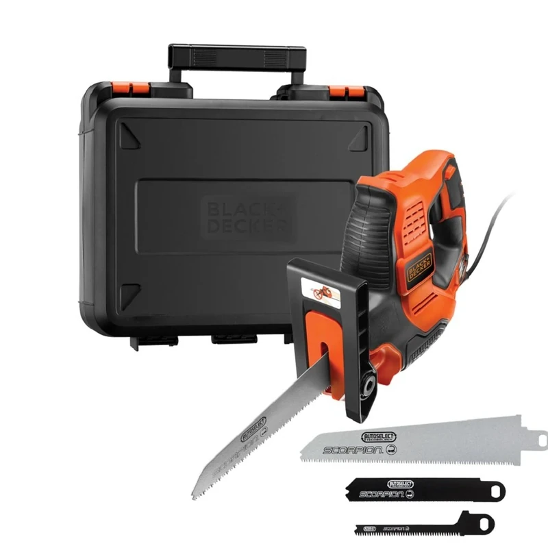 BLACK+DECKER Powered Hand Saw Jigsaw Autoselect Scorpion 23mm Stroke Length and Prune 500W with Kitbox Includes 3 Blades RS890K-GB