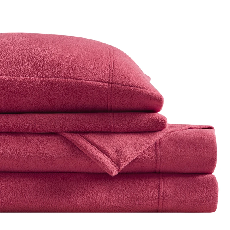 SLEEP PHILOSOPHY True North Micro Fleece Bed Sheet Set, Warm, Sheets with 14" Deep Pocket, for Cold Season Cozy Sheet-Set, Matching Pillow Case, Full, Red, 4 Piece