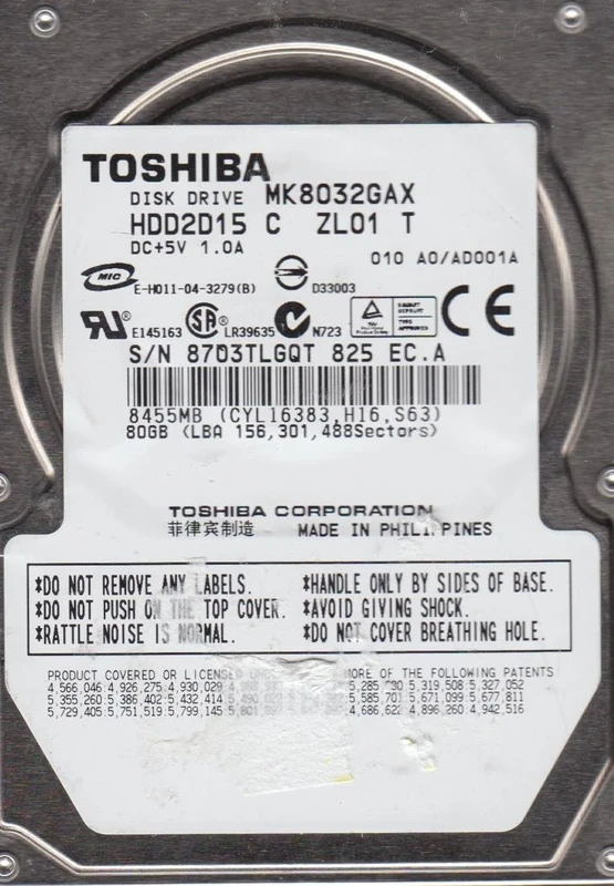 Toshiba MK8032GAX, HDD2D15 C ZL01 T, 80GB IDE 2.5 Hard Drive
