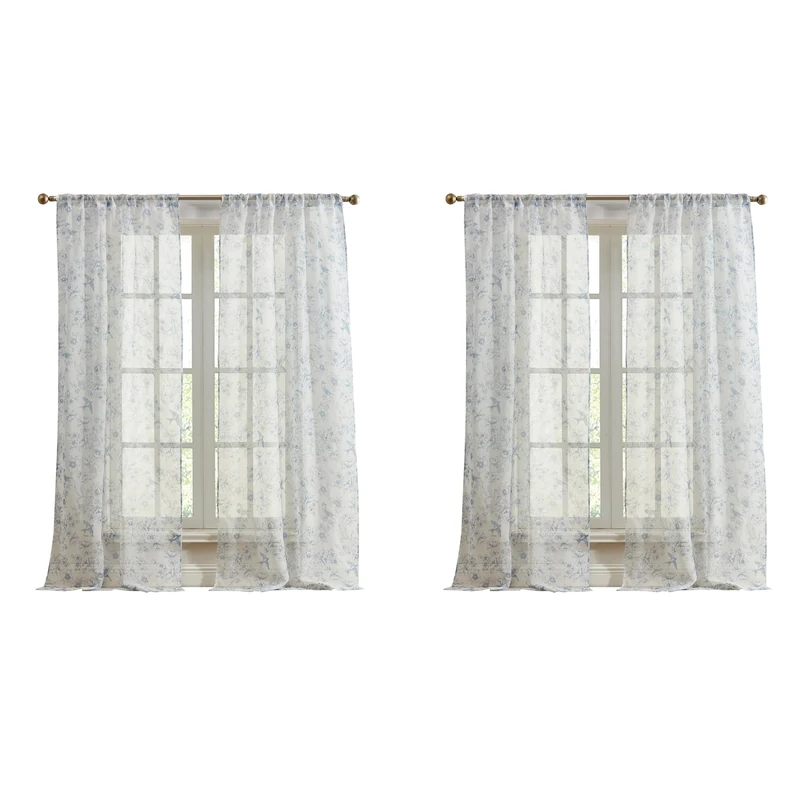 Laura Ashley Barnette Window Curtains with Rod Pocket, 84-inch Length, 4 Panels Set, Semi-Sheer Light Filtering, Blue
