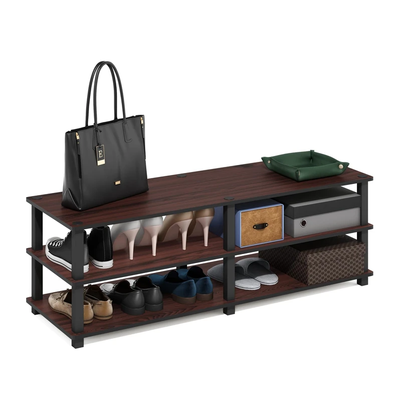 Furinno TURN-S-TUBE Shoe Rack, 3-Tier Shoe Organizer, Shoe Storage Rack with No Tools Assembly, 11.6 x 47.2 x 15.4, for Closet Entryway, Office, Garage, Dark Cherry/Black