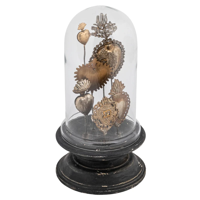 Creative Co-op Decorative Tin Sacred Hearts on Wood Pedestal with Glass Cloche