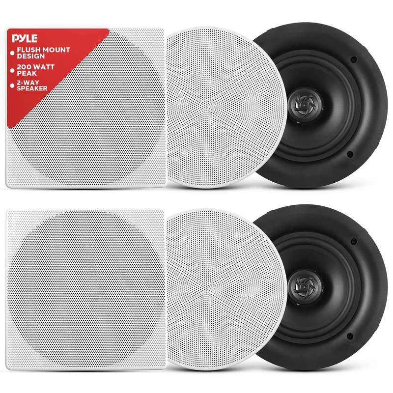 Pyle In-Wall/in-Ceiling Speaker, 17 cm Dual Stereo Speakers, 200 Watt, 2-Way Full Range, Flush Mount Design, Changeable Round & Square Grills, White (Pair)
