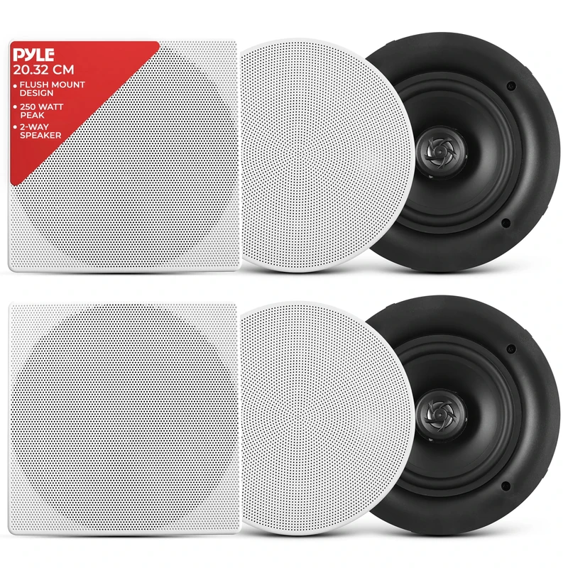 Pyle In-Wall/in-Ceiling Speaker, 20.3cm Dual Stereo Speakers, 250 Watt, 2-Way Full Range, Flush Mount Design, Changeable Round & Square Grills, White (Pair)