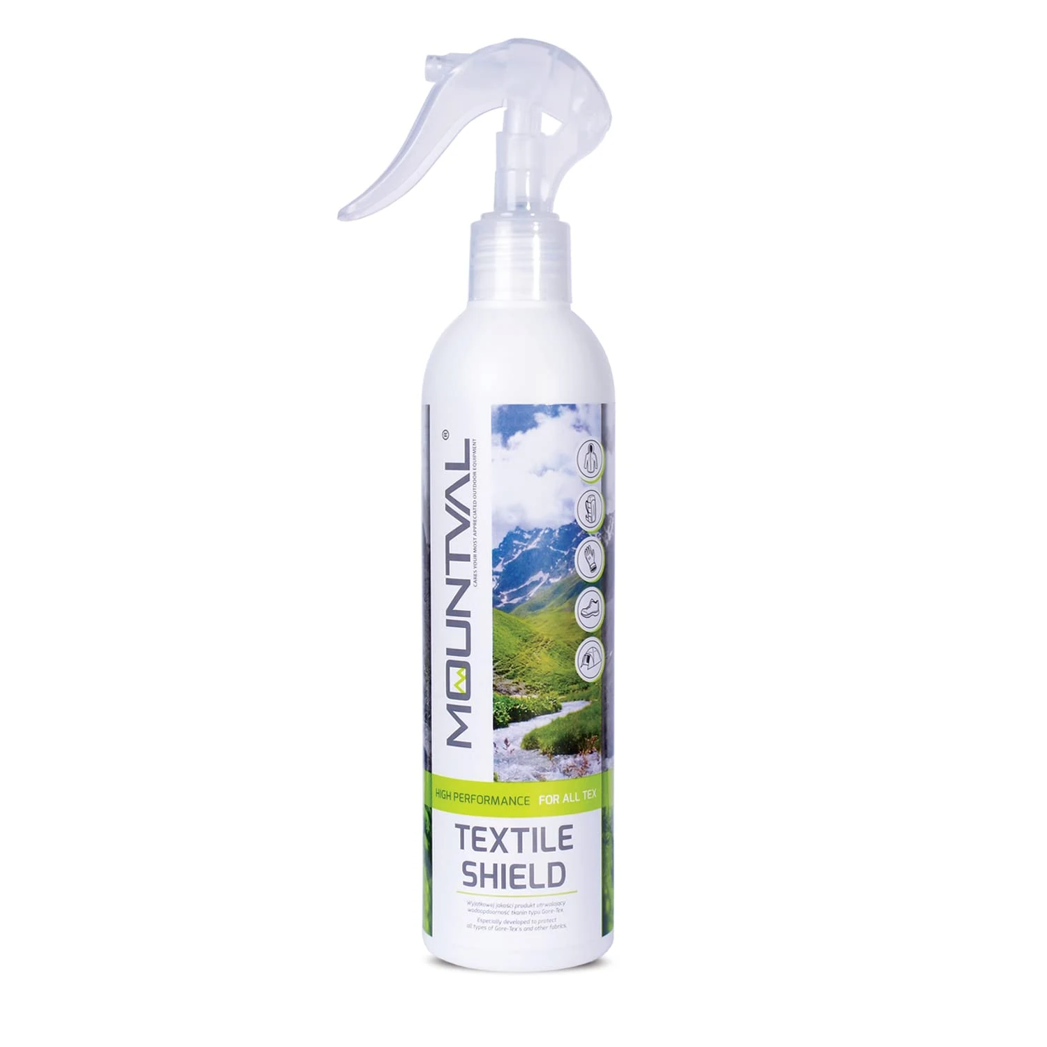 Mountval Textile Shield, spray-on waterproofer for wet weather and hiking garments, pleasant smell, works with GORE-TEX, without solvent, Transparent, 300ml - 10.15 fl. oz., Transparent and Neutral