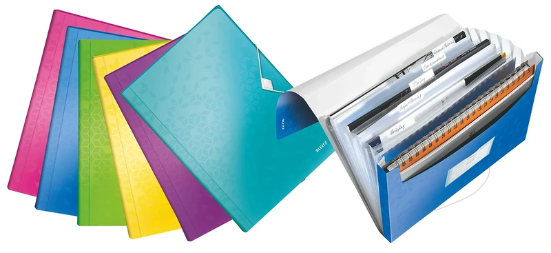 Leitz A4 Expanding Project File, Integrated Index with Expanding Compartments, Elastic Closure, Flexible Plastic, Assorted Colours, WOW Range, Pack of 6
