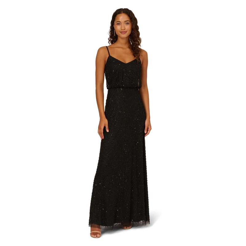 Adrianna Papell Women's Art Deco Beaded Blouson Gown Dress, Black, 22