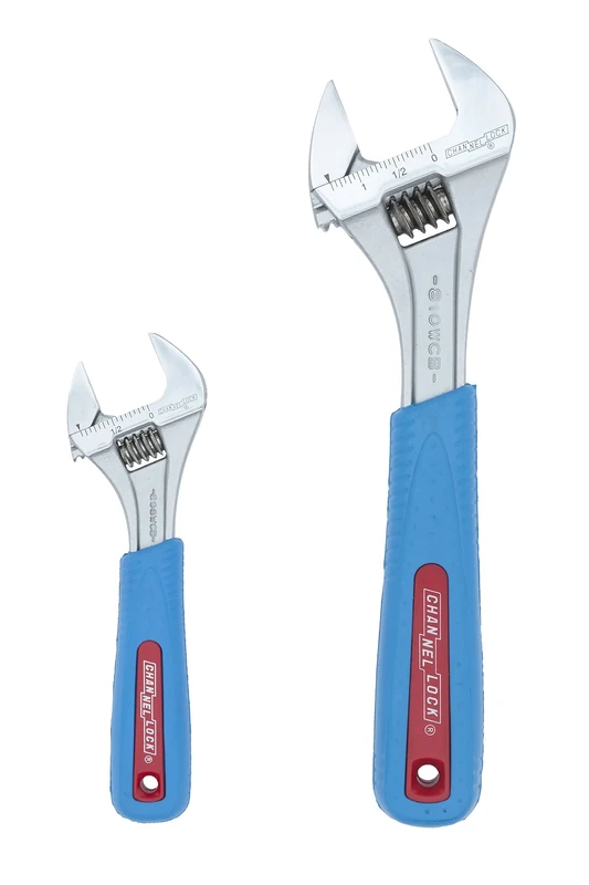 Channellock WS-2CB 2 Piece Adjustable Wrench Set | 6-inch & 10-Inch Wrench | Precise Jaw Design Grips in Tight Spaces | Measurement Scales for Easy Sizing of Diameters | Code Blue Grips