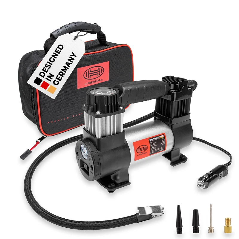 Heyner Force Compressor Air 40 with Lamp Light, 10 Bar Precision Pressure Gauge, SMD Lamp, 40L/min, Includes Bag and 4 Adapters for Truck, Van, 4x4, Cars, Bicycles, Inflatable Boats