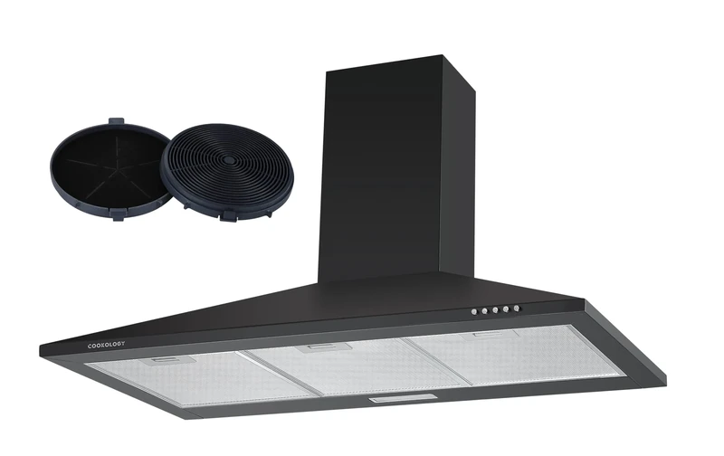 Cookology CH900BK/A 90cm Chimney Cooker Hood Extractor Fan 900mm with Carbon Filters, Energy Rated A, 3 Speed, Kitchen Wall Mounted Range Hood, Adjustable Height, Air Recirculating & Ducting - Black