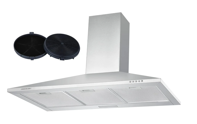 Cookology CH900SS/A 90cm Chimney Cooker Hood Extractor Fan with CF150 Carbon Filters, Energy Rated A, 3 Speed, Kitchen Wall Mounted 900mm, Adjustable Height, Air Recirculating - Stainless Steel