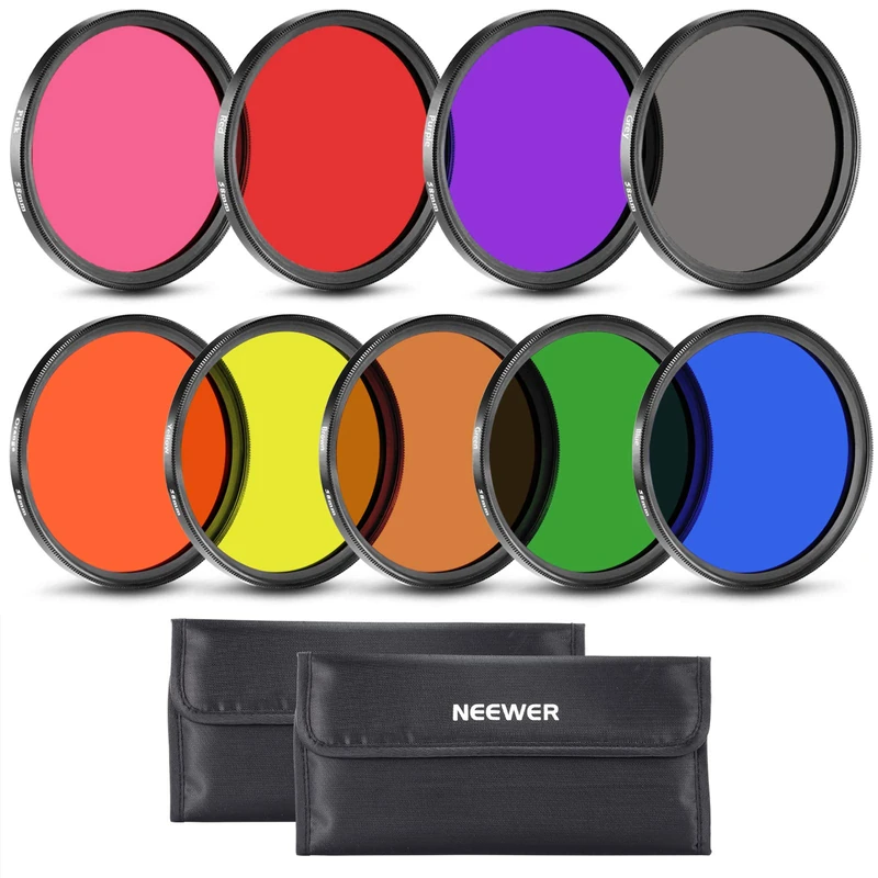 Neewer 9PCS Full Color Lens Filter Set, 58mm Resin Lens Filters with Red, Orange, Blue, Yellow, Green, Brown, Purple, Pink, Gray Color Available with 2 Pouches, Camera Lens Accessories