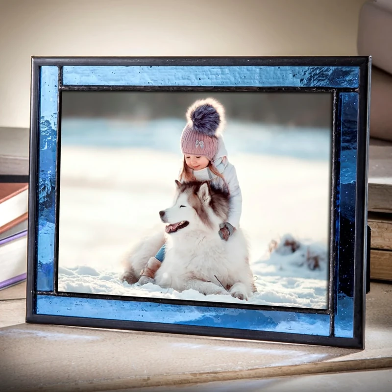 Blue Picture Frame Stained Glass Easel Back 5x7 Photo Display Horizontal Vertical Home Decor Graduation Gift for Women or Men Family Vacation Pic 324-57HV