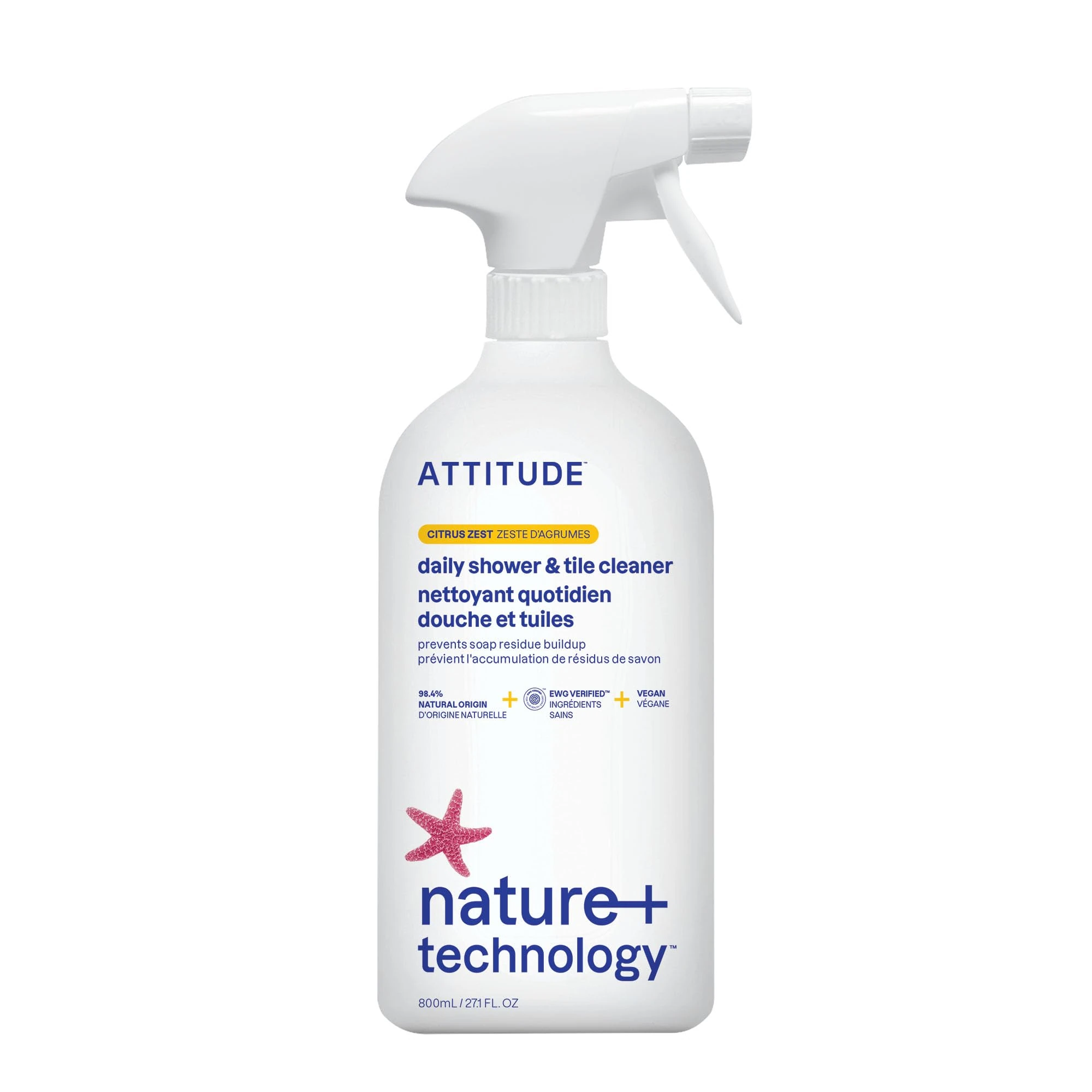 ATTITUDE Shower & Tile Cleaner, EWG Verified, Plant-Based & Vegan Bathroom Spray, Removes Soap Scum & Grime, Citrus Zest Scent, 800 mL
