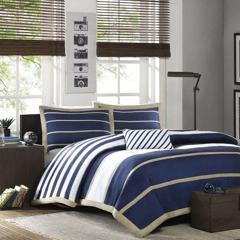 Mi-Zone Ashton Duvet Modern Casual Vibrant Colorblock Design All Season Comforter Cover Teen Bedding, Boys Bedroom Décor, Full/Queen, Khaki/Navy 4 Piece
