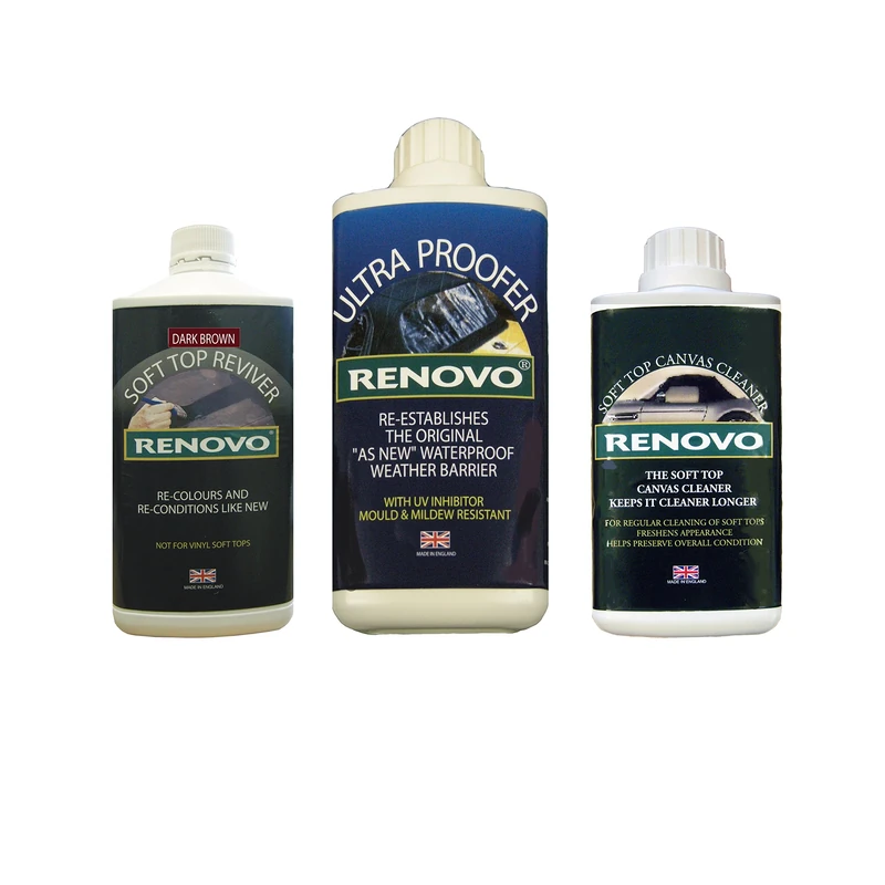 Renovo REN-KIT6 Triple Cleaning and Renewal Kit includes the Dark Brown Soft Top Reviver 500ml, Soft Top Ultra Proofer 1L & Soft Top Canvas Cleaner 500ml