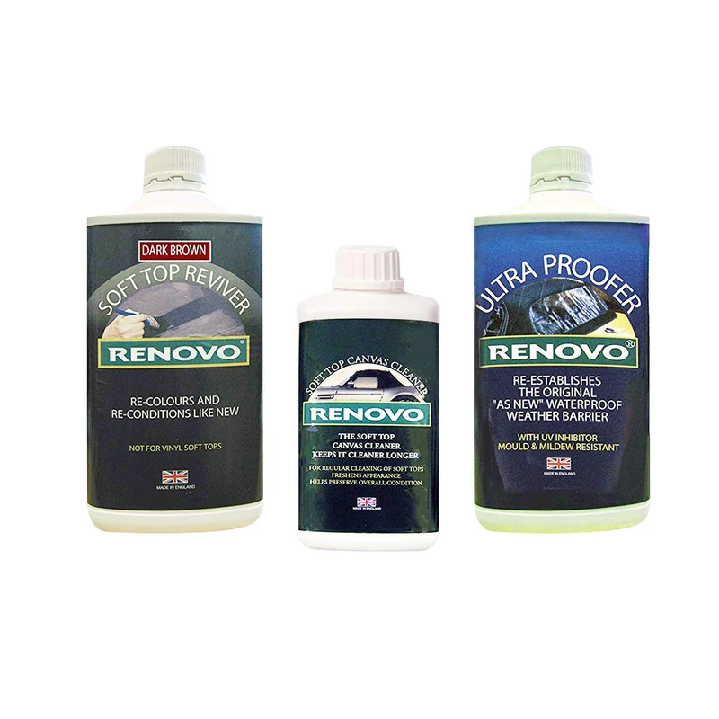 Renovo REN-KIT5Triple Cleaning and Renewal Kit includes the Dark Brown Soft Top Reviver 1L, Soft Top Ultra Proofer 1L & Soft Top Canvas Cleaner 500ml